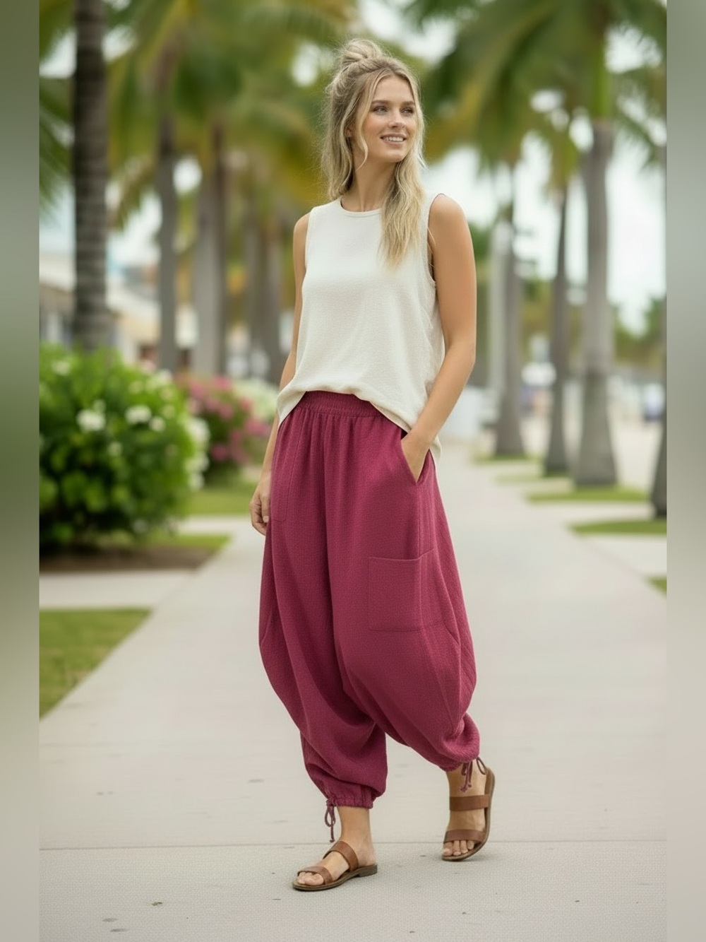 NWT Entro Elastic Waist Fuscia Balloon Pants With Drawstring Ankle, Sz S, M, L
